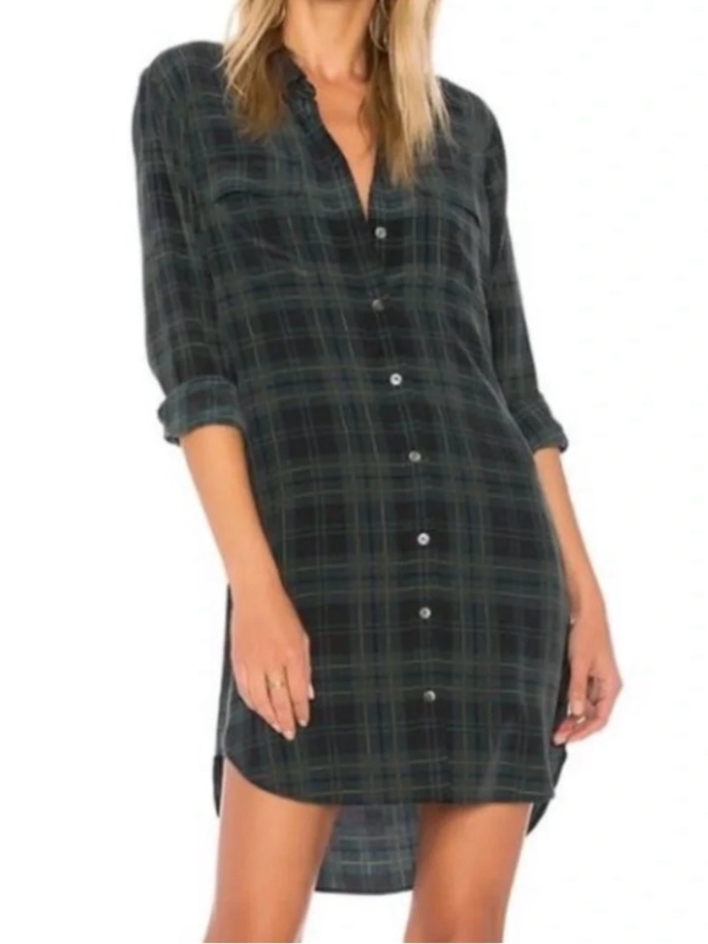 Equipment Dark Green Plaid Mini Shirt Dress, Small
